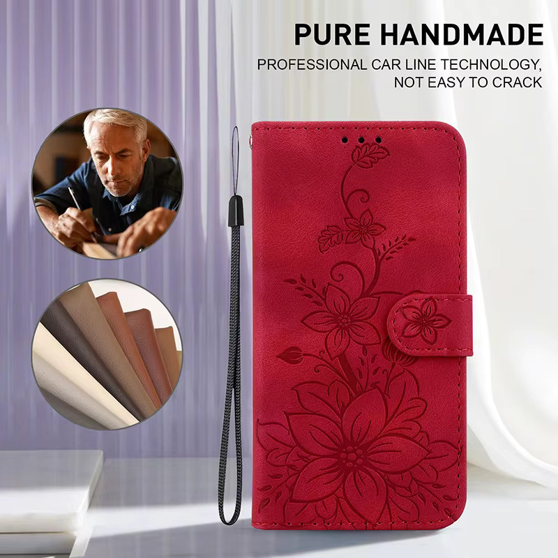 Magnetische Leder-Handyhülle mit geprägten Lilien als Flip-Cover und Brieftaschenhülle für Google Pixel 9, 10 Pro XL, 8 und 7 Pro in Purple und Red - Bild 2