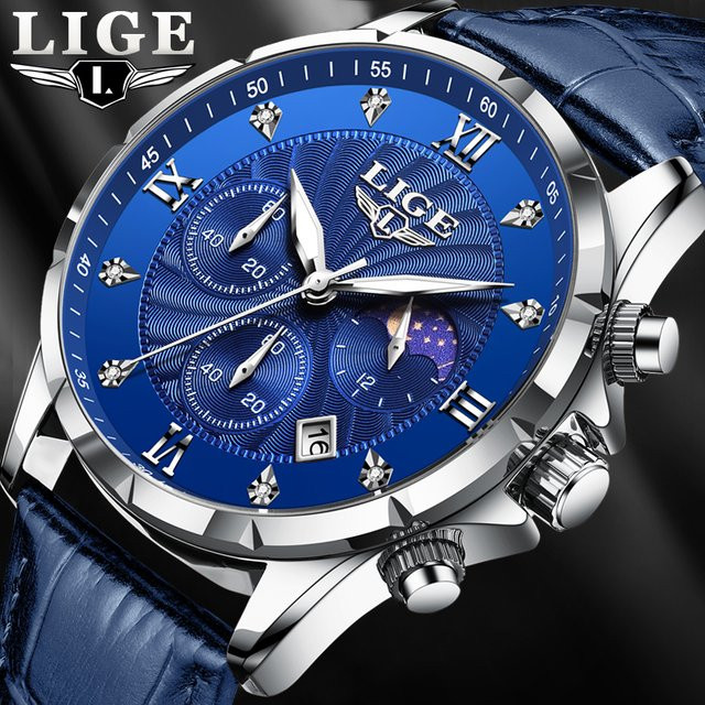 LIGE Armbanduhr, Quarz, Leder, Blau, Herren - Bild 1