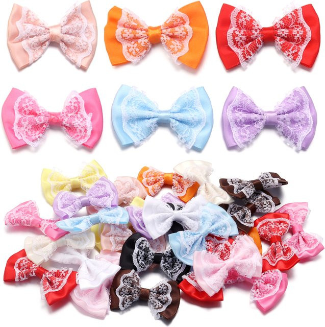 20 Stück bunte Satin-Schleifen aus Polyester mit Spitze für DIY, Nähen und Dekoration, B/H: 3,5 x 5,7 cm - Bild 1