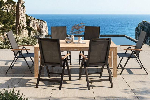 OUTFLEXX Garten-Essgruppe aus Alu und Akazie mit 6 Sesseln in Anthrazit und Natur, klappbar und witterungsbeständig - Bild 1