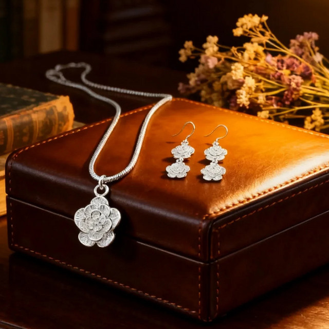 Schmuck-Set 925 Silber, Rose Blume, Damen - Bild 1