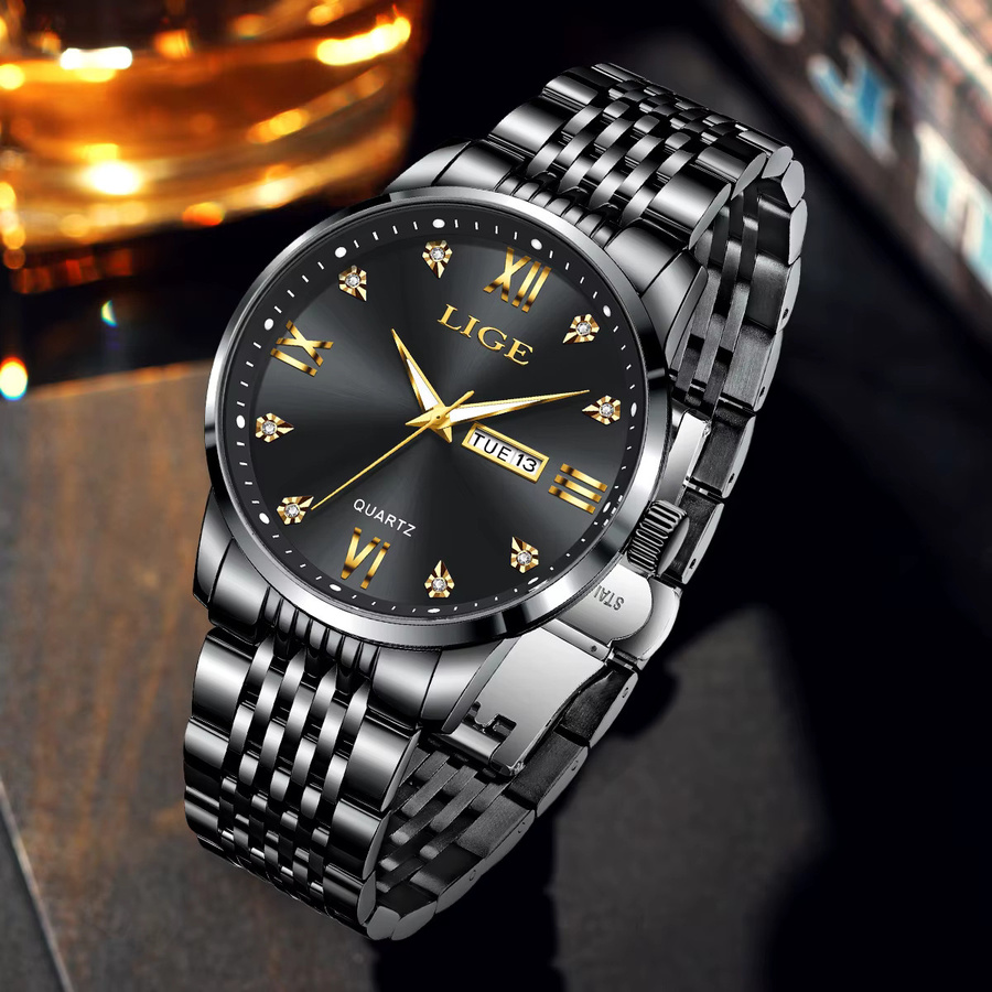 LIGE Armbanduhr Edelstahl, Quarz, Schwarz, Herren, Datum, Wochentag - Bild 4