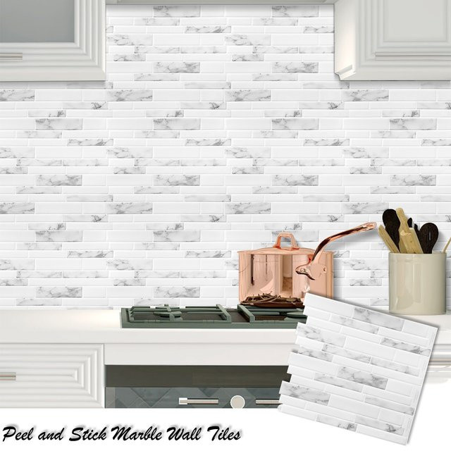 Vividtiles Marmor Wandfliesen aus weißem Vinyl, 10 Stück wasserfeste selbstklebende Tapete für Küche, Wohnzimmer und Badezimmer - Bild 1