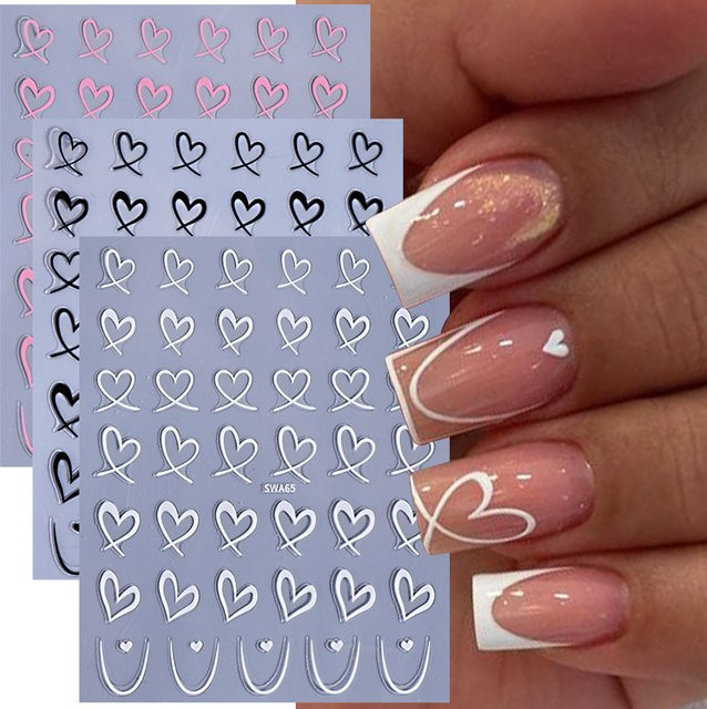 SWEET TREND Nail Art Aufkleber, 3 Stück, Schwarz Weiß Rosa, 3D Herz und Linien - Bild 1