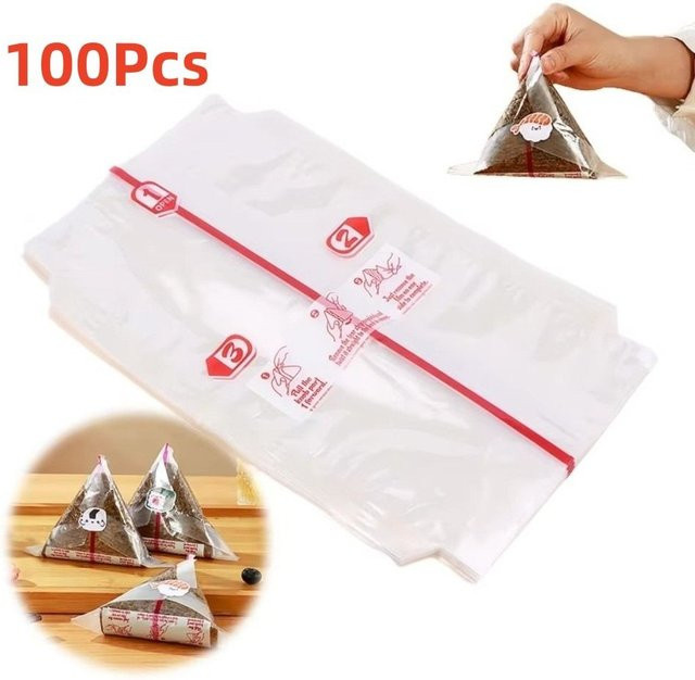 100 Stück PP Einweg-Dreieck-Reisball-Verpackungsbeutel für Onigiri und Sushi, transparente doppelschichtige Plastiktüten für Nori und Seetang - Bild 1