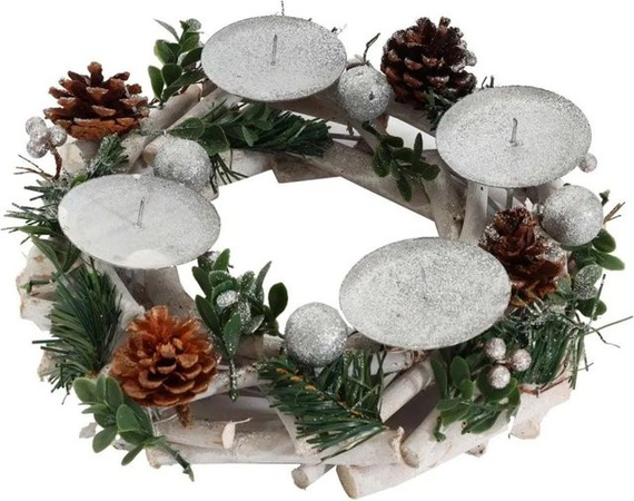 MCW Adventskranz M12 für die Adventszeit in Weiß und Silber, Tischkranz aus Pappel und Metall, B/T/H: 30,0 x 30,0 x 4,0 cm