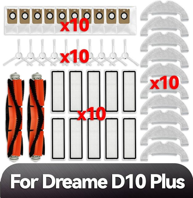 Ersatzteil-Set für Xiaomi Dreame D10 Plus RLS3D: Hauptbürste, Seitenbürste, HEPA-Filter, Mopp-Pads und Staubbeutel in Weiß - Bild 1
