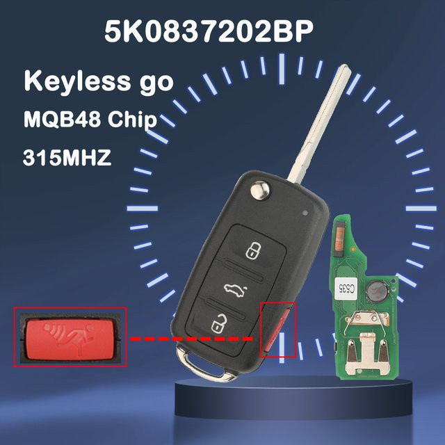 jingyuqin Keyless Go Autoschlüssel 315 MHz MQB48 für VW Jetta Passat Beetle Caddy Multivan Transporter Tiguan 2016–2019 Schwarz 5K0837202BP - Bild 1