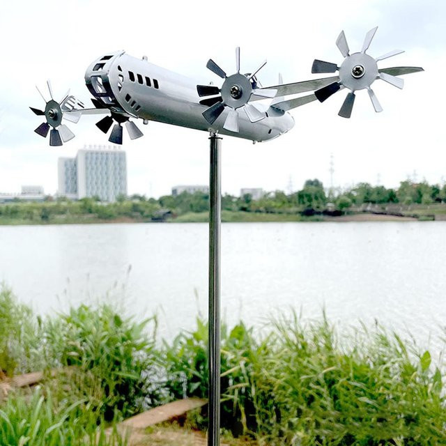Eelhoe Metall-Flugzeug-Windmühle 3D Skulptur als Garten-Dekoration in Gold oder Silber - Bild 1
