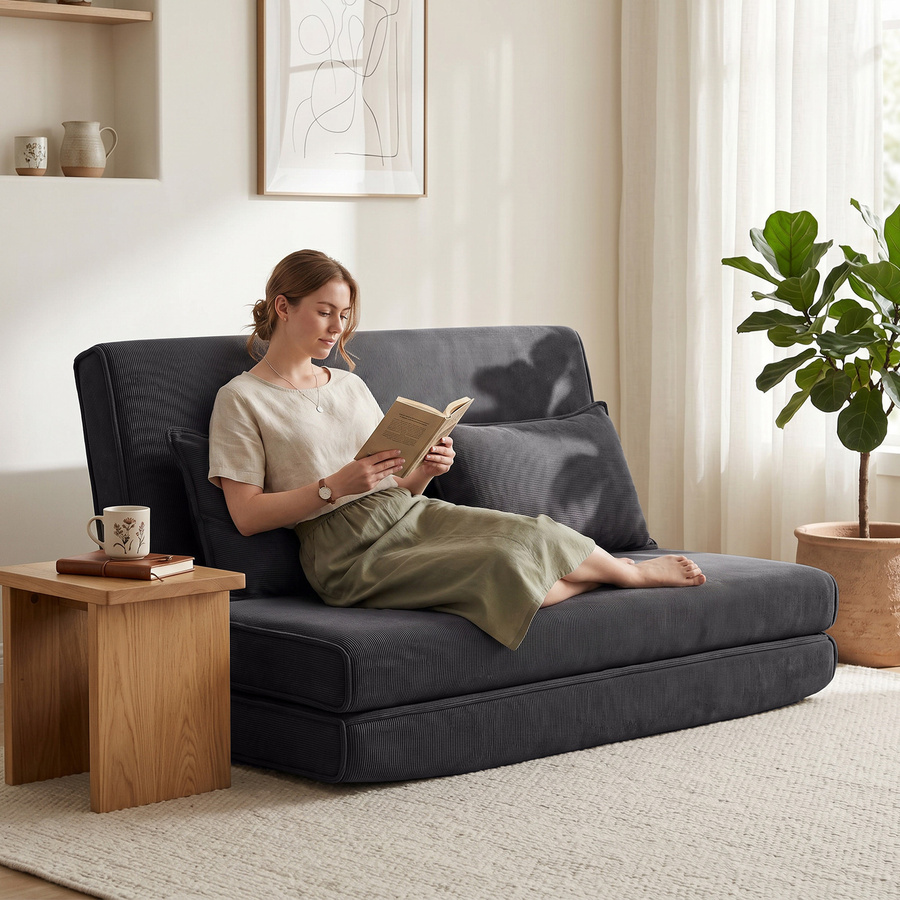 HOMCOM Bodenstuhl mit Rückenlehne als Klappsessel und Schlafsofa aus Cord in Dunkelgrau - Bild 2