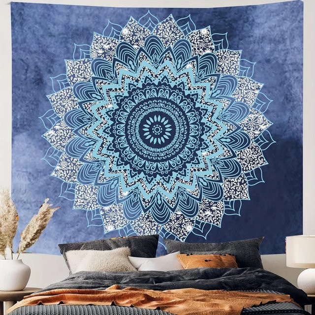 VIKAMA Boho-Mandala Wandbehang in Blau mit floralem Design, Textil-Wandteppich für Wohnzimmer und Schlafzimmer, B: 60 cm, H: 40 cm - Bild 1
