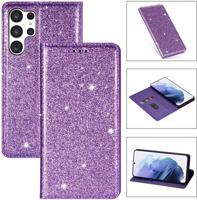 HQBBRO Magnetische Buchhülle mit Glitzer-Design und Geldbörse für Samsung Galaxy S26 Ultra S25 Plus S24 S23 A36 A56 Flip in Violett - Bild 1