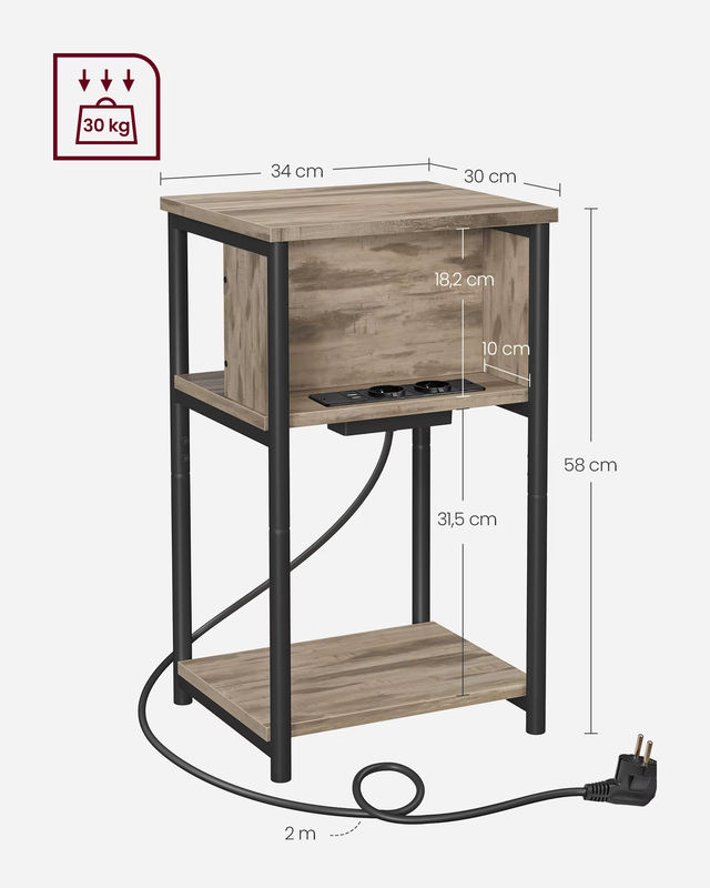 VASAGLE Beistelltisch mit Steckdose und USB-Anschlüssen im Industrial Design, Schwarz-Braun, B/T/H: 30 x 34 x 58 cm - Bild 5