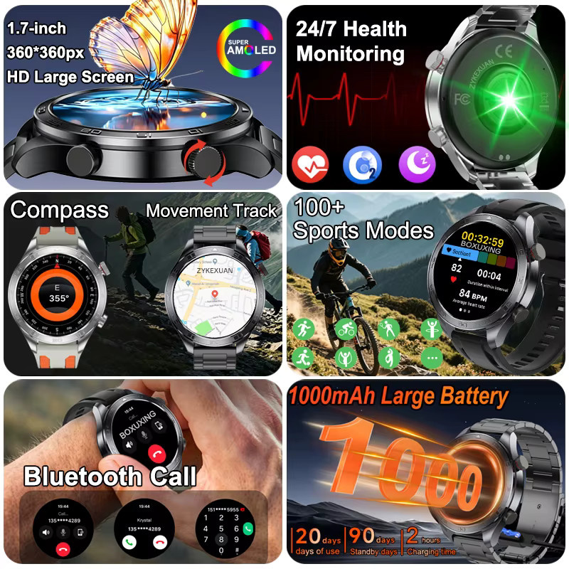 BOXUXING GPS-Tracking Smartwatch mit AMOLED-Bildschirm, Anruffunktion, Herzfrequenzmessung und IP68 Wasserdichtigkeit in Schwarz - Bild 2
