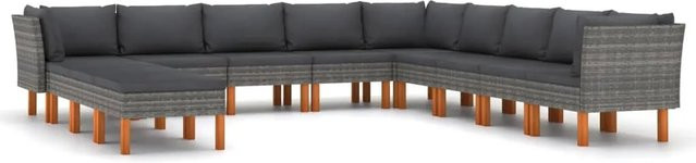 vidaXL 12-tlg Garten-Lounge-Set in L-Form aus Poly Rattan und Holz in Anthrazit mit Kissen und Ottoman - Bild 1