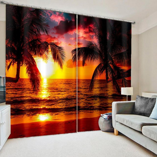 Yiran Furniture Vorhang Set mit Naturmotiv Sonnenuntergang Strand und Meer, 2er Pack, halbtransparent, Polyester, Mehrfarbig, Breite: 65 cm, Höhe: 60 cm - Bild 1