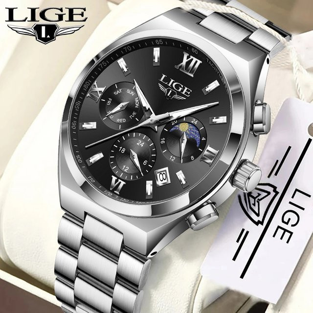 LIGE Armbanduhr Quarz, Edelstahl, Schwarz, Silber, Herren - Bild 1