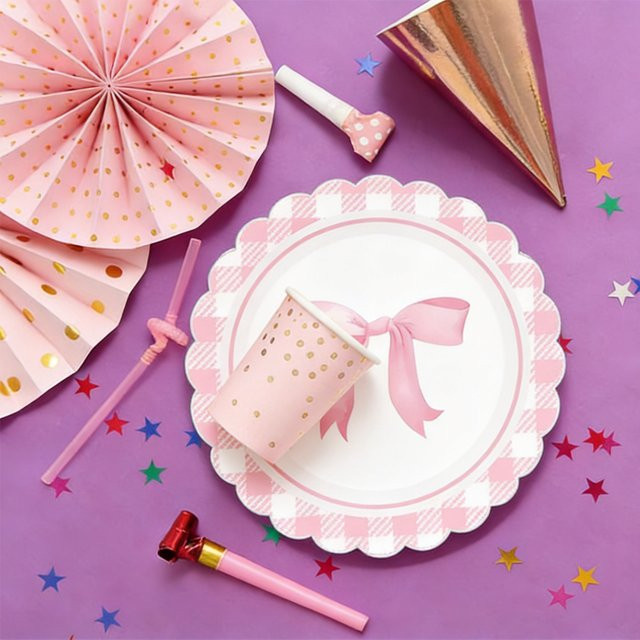 10 Stück Einweg Pappteller mit rosa Schleifen-Design für Geburtstag, Hochzeit oder Babyparty - Bild 1