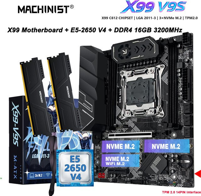 MACHINIST X99 V9S Motherboard-Bundle in Schwarz mit Intel Xeon E5-2650 V4 CPU, 16 GB DDR4 3200 MHz RAM, LGA 2011-3 Sockel, 3x NVMe M.2 und M-ATX Formfaktor - Bild 1