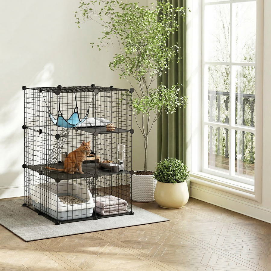 PawHut Indoor Katzenkäfig aus Stahl in Schwarz, 3-stöckiges Katzengehege mit 3 Türen, Leitern, Hängematte und Plattform für Kätzchen - Bild 2