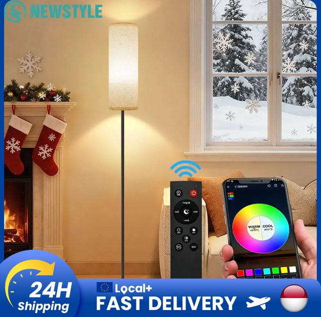 Moderne RGBW LED Stehlampe in Schwarz mit Bluetooth App-Steuerung und Musik-Synchronisation, 12W dimmbar mit Stoffschirm für Schlafzimmer und Büro - Bild 1