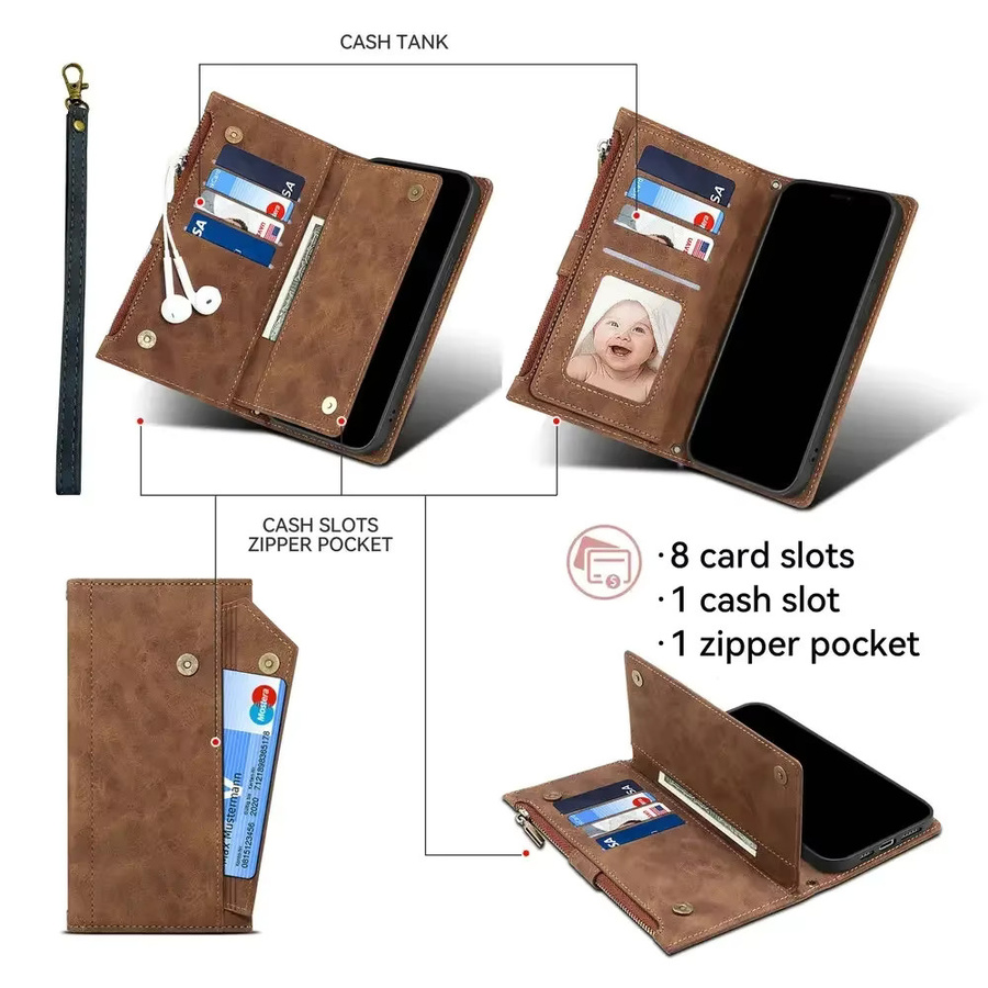 Luxus Leder Crossbody Flip Case mit Reißverschluss für Xiaomi Poco X7 Pro X6 F6 F7 Ultra 5G NFC Brieftasche in Schwarz und Braun - Bild 4