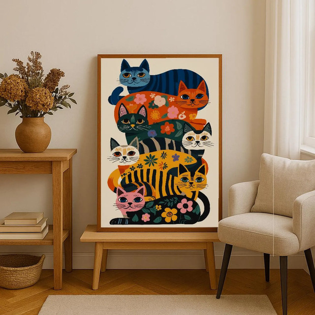 Bunte Katzen-Wanddekoration von SHENCHEN mit floraler Illustration im minimalistischen Design - Bild 1