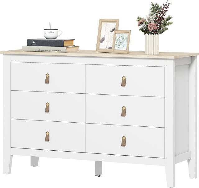 HOMCOM Kommode mit 6 Schubladen in Weiß, modernes Aufbewahrungsmöbel mit Polyurethan-Griffen und Holzoptik-Tischplatte, B/T/H: 120 x 40 x 78 cm - Bild 1