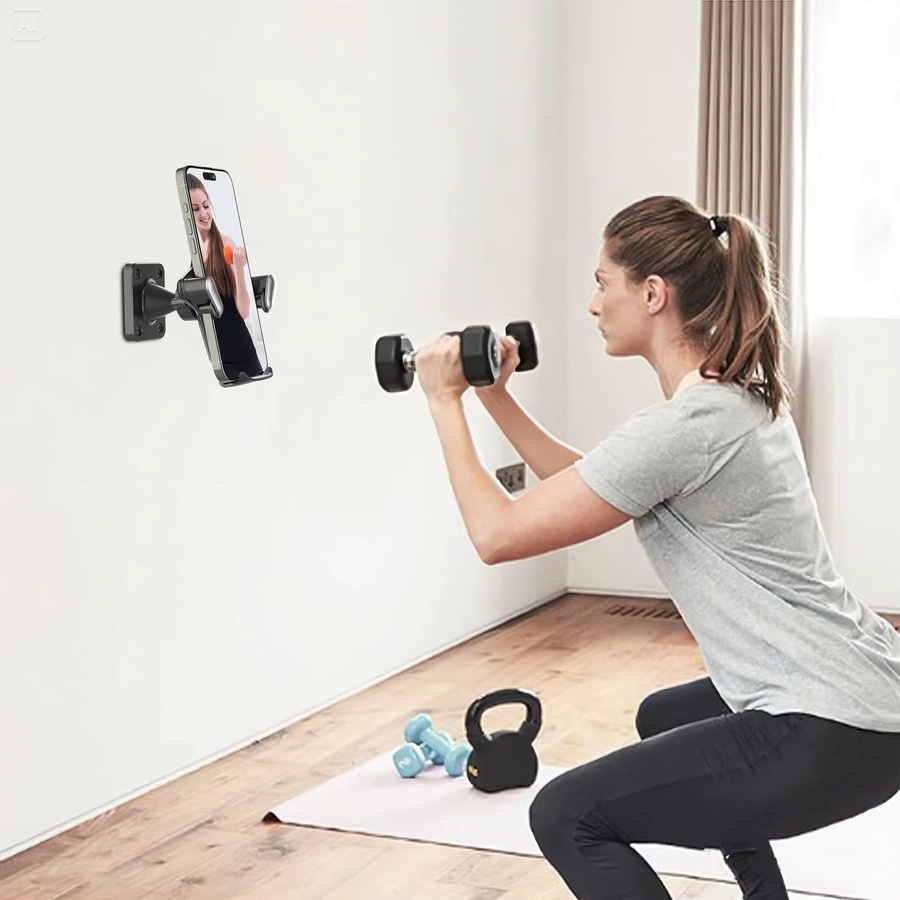 Multifunktionaler 360-Grad-Drehvorrichtung Wandhalter für Smartphones, bohrungsfreier drehbarer Ständer für Küche, Bad und Fitnessraum in Schwarz oder Grau - Bild 3