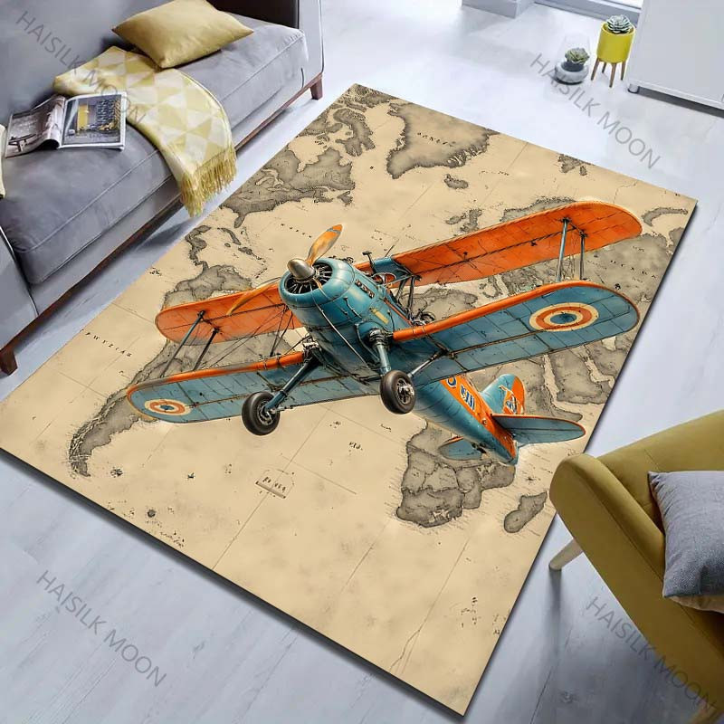 UQIDEHOME Retro Teppich mit Flugzeug- und Kartenmuster, Mehrfarbig, B/T: 60 x 40 cm - Bild 4