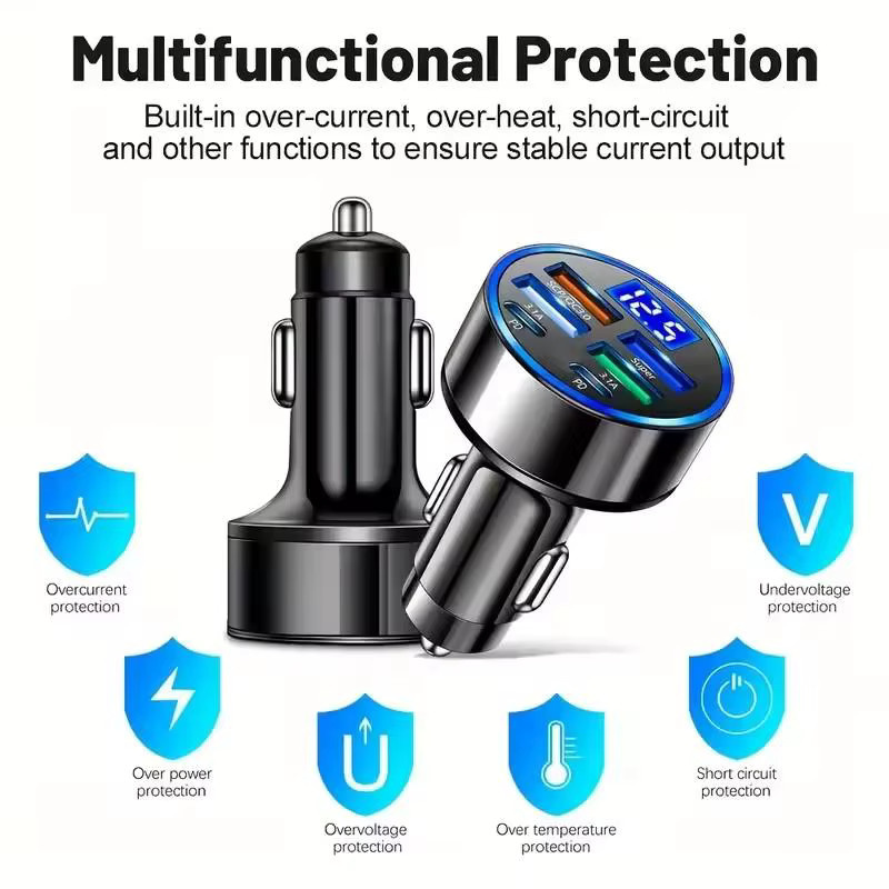 6in1 Auto-Ladegerät mit Digital Display und USB-C PD QC3.0 Schnellladefunktion in Schwarz - Bild 3