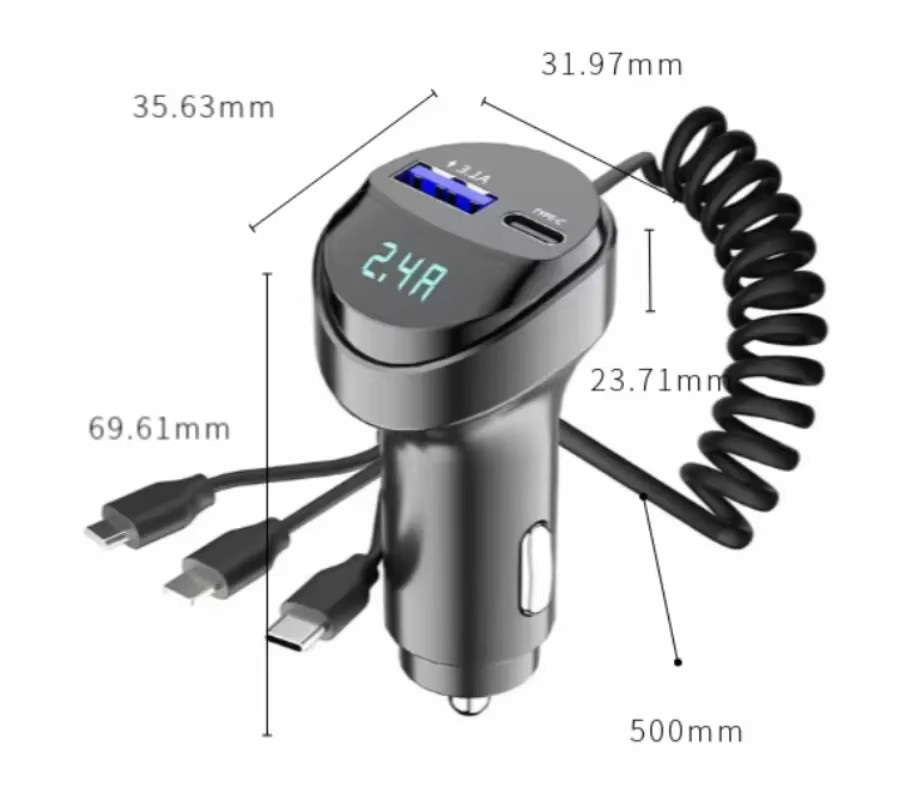 55 W 3-in-1 Autoladegerät mit 2 USB-Ports, Spannungsanzeige und einziehbarem Kabel in Schwarz - Bild 4