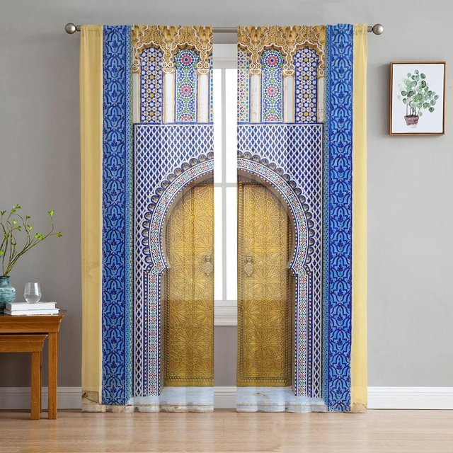 Yiran Furniture Marokkanischer Tüllvorhang Blau Transparent mit Grafikprint, B: 135 cm, H: 245 cm - Bild 1