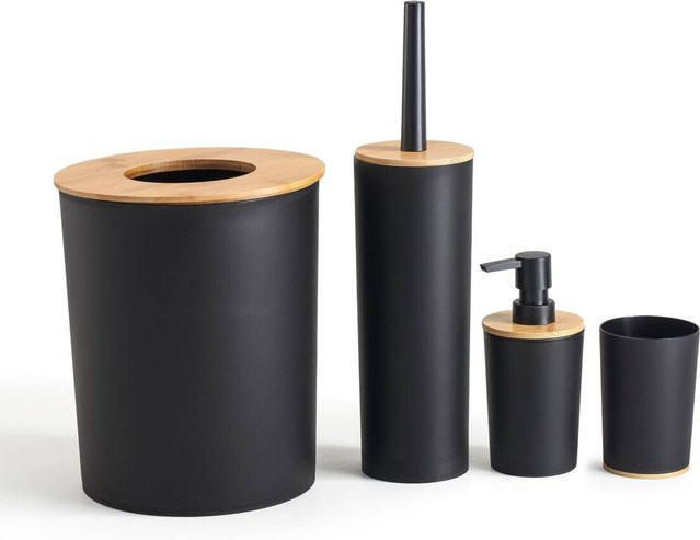 Sensation Bad-Set aus Bambus und Kunststoff in Schwarz Natur mit Kosmetikeimer, WC-Bürste, Seifenspender und Zahnputzbecher - Bild 1