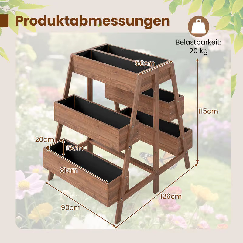 Mehrstufiges Hochbeet aus Holz mit 6 Pflanzkästen in Braun, B/T/H: 126 x 90 x 115 cm - Bild 6