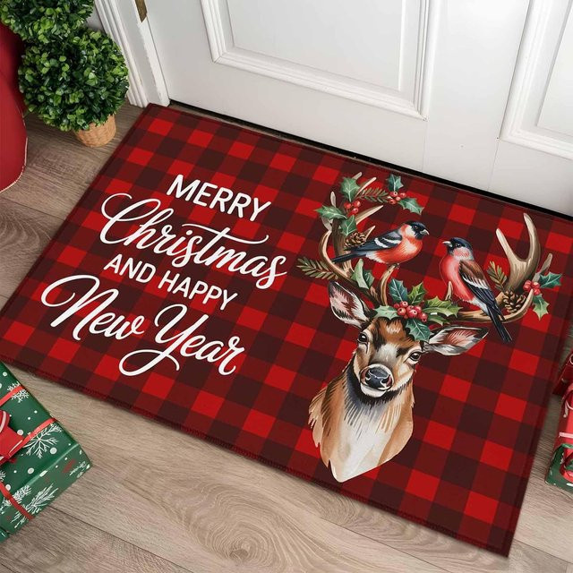 VIKAMA Weihnachts-Elch Willkommensmatte in Schwarz und Rot mit Karomuster für Wohnzimmer und Außeneingang - Bild 1