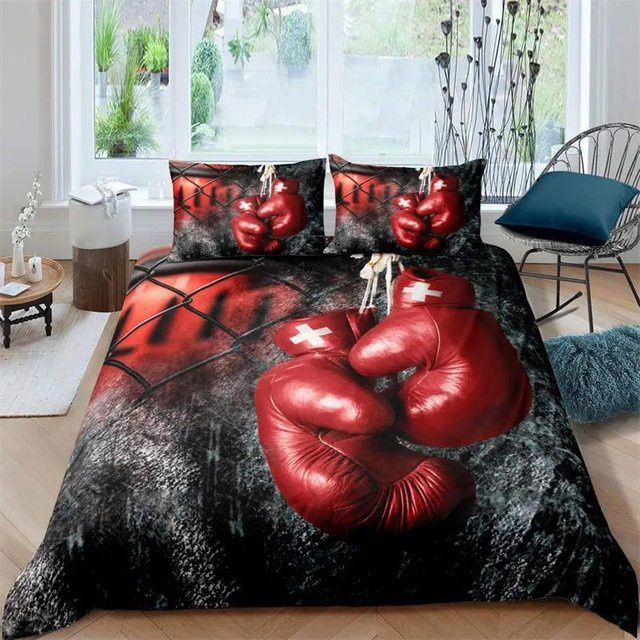 Binchi Fitness Bettwäscheset mit Boxhandschuhe-Muster in Rot, 3-teilig, B/H: 150 x 200 cm - Bild 1
