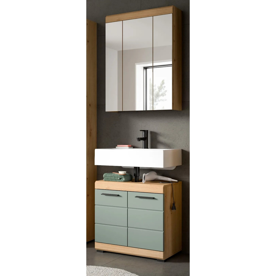 Inn.Furn Badmöbel Set Shawn 2-teilig in Grün und Eiche mit Spiegelschrank und Waschtischunterschrank, Breite: 60 cm - Bild 2