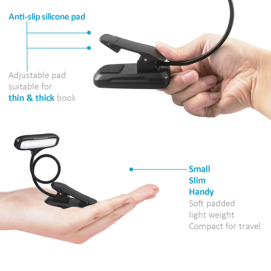 Mini USB LED Leselicht mit Clip zum Aufladen, tragbare Buchlampe und Nachtlicht in Schwarz und Weiß - Bild 5