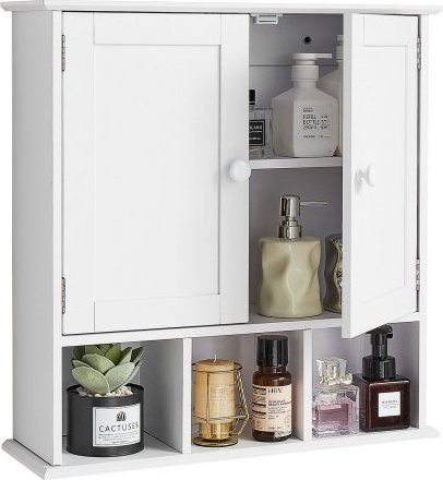 VEVOR Badezimmer Wandschrank in Weiß mit 2 Türen und verstellbaren Regalen zur Wandmontage, Hängeschrank mit offenen Fächern für Bad, Küche oder Toilette, B/T/H: 58,5 x 18,0 x 56,0 cm - Bild 1