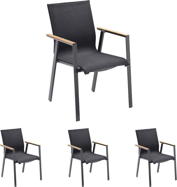 4er Set Solpuri SOUL Stapelsessel aus Aluminium in Anthrazit mit Teak Armlehnen - Bild 1