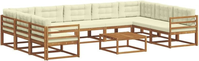 vidaXL Outdoor-Sofagarnitur aus Akazienholz in L-Form mit 10-teiligem Set, Farbe Natur und Creme - Bild 1