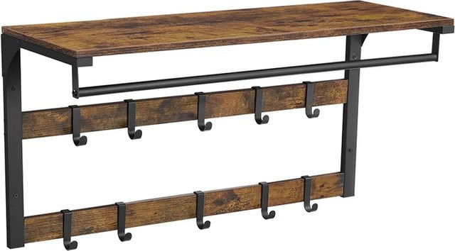 Vasagle Wandgarderobe mit Ablage und 10 abnehmbaren Haken in Braun-Schwarz, B/T/H: 80 x 30 x 42 cm - Bild 1