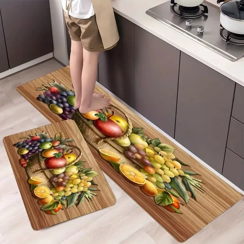 VIKAMA Küchenmatte mit Holzmaserung und Fruchtmuster in Multicolour, gepolsterte Anti-Ermüdungs-Bodenmatte im rustikalen Design - Bild 3
