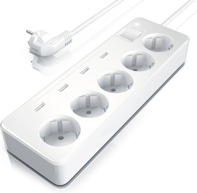 Bearware 5-fach Steckdosenleiste in Weiß mit USB-A Anschlüssen und 3680W Leistung - Bild 1