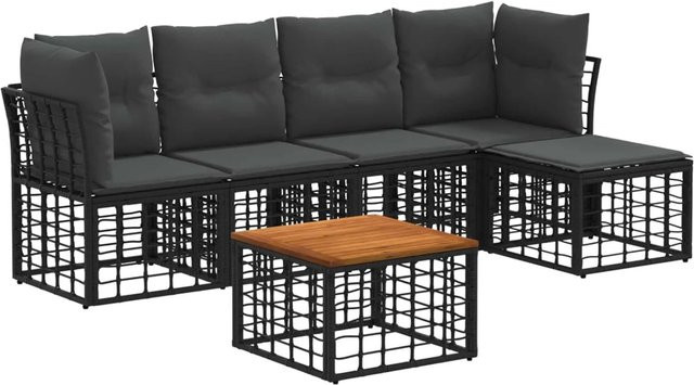 vidaXL Outdoor-Sofagarnitur aus Polyrattan in L-Form mit 6 Teilen, Schwarz und Grau, inklusive Kissen und Couchtisch - Bild 1