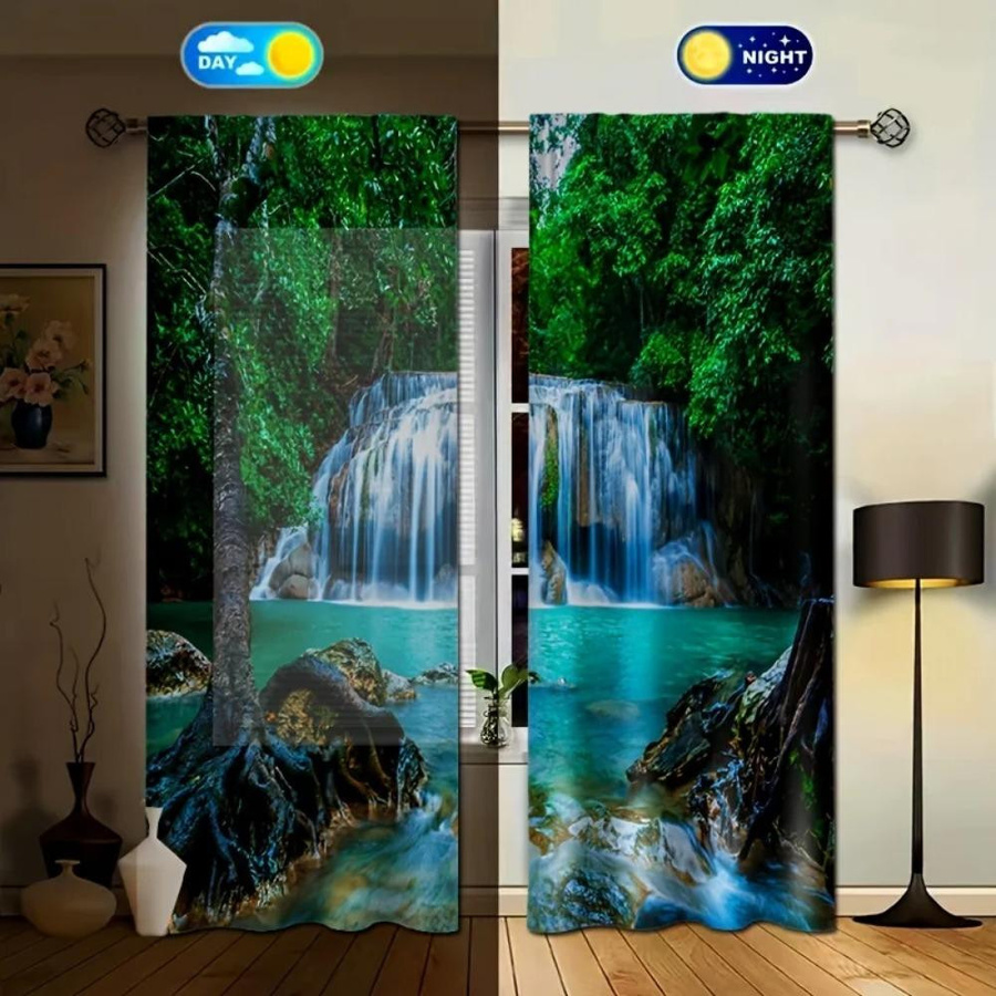 Yiran Furniture Vorhänge mit Naturlandschaft Wasserfall und Vogel Motiv, 2er-Set, halbtransparent, Polyester, Mehrfarbig, B: 100 cm, H: 130 cm - Bild 3