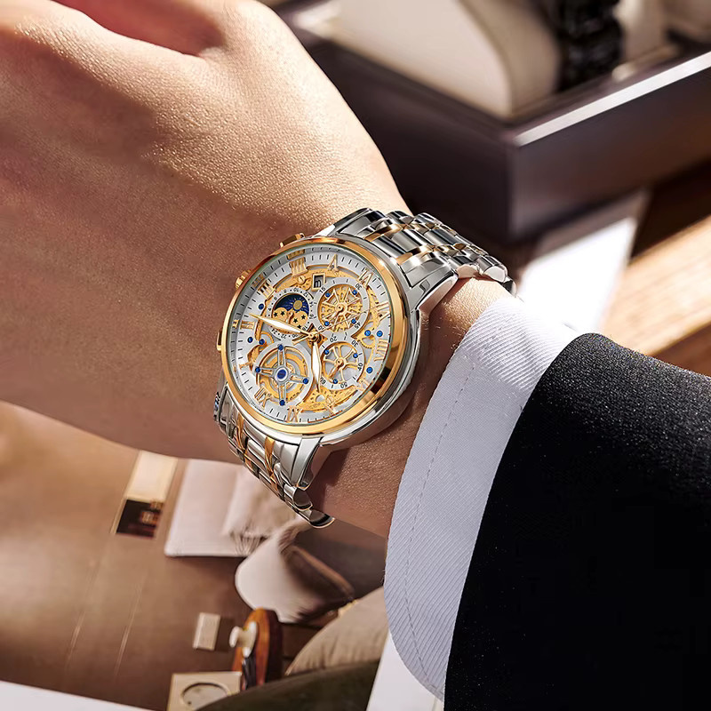 LIGE Chronograph Armbanduhr, Quarz, Edelstahl, Gold, Herren - Bild 6