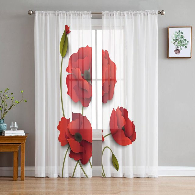 A Family Of Home Textiles Transparenter Chiffon-Vorhang mit rotem Mohnblumen-Design, Breite: 135 cm, Höhe: 244 cm - Bild 1