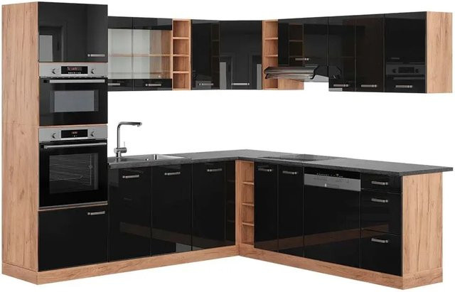 Vicco R-Line Eckküche in Schwarz Hochglanz und Goldkraft Eiche, Anthrazit, B/T/H: 237 x 247 cm - Bild 1